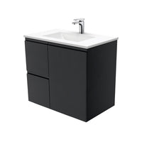 Fienza Fingerpull Satin Black 750 Wall Hung Cabinet, Solid Door , With Moulded Basin-Top - Vanessa Poly-Marble Left Hand Drawer