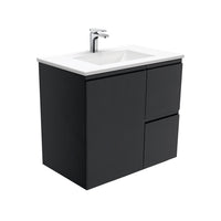 Fienza Fingerpull Satin Black 750 Wall Hung Cabinet, Solid Door , With Moulded Basin-Top - Vanessa Poly-Marble Right Hand Drawer