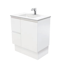 Fienza Fingerpull Satin White 750 Cabinet on Kickboard , With Moulded Basin-Top - Vanessa Poly-Marble Left Hand Drawer