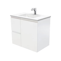 Fienza Fingerpull Satin White 750 Wall Hung Cabinet, Solid Door , With Moulded Basin-Top - Vanessa Poly-Marble Left Hand Drawer