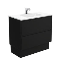 Fienza Amato Satin Black 900 Cabinet on Kickboard, Solid Panels, Bevelled Edge , With Moulded Basin-Top - Vanessa Poly-Marble Satin Black Panels