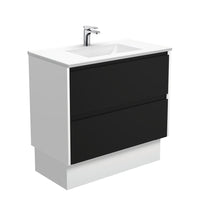 Fienza Amato Satin Black 900 Cabinet on Kickboard, Solid Panels, Bevelled Edge , With Moulded Basin-Top - Vanessa Poly-Marble Satin White Panels