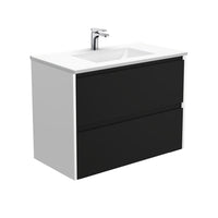 Fienza Amato Satin Black 900 Wall Hung Cabinet, 2 Solid Drawers, Bevelled Edge , With Moulded Basin-Top - Vanessa Poly-Marble Satin White Panels