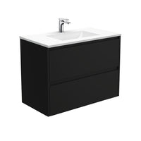 Fienza Amato Satin Black 900 Wall Hung Cabinet, 2 Solid Drawers, Bevelled Edge , With Moulded Basin-Top - Vanessa Poly-Marble Satin Black Panels