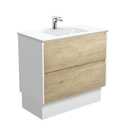 Fienza Amato Scandi Oak 900 Cabinet on Kickboard, Solid Panels, Bevelled Edge , With Moulded Basin-Top - Vanessa Poly-Marble Satin White Panels