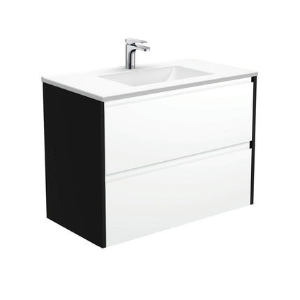 Fienza Amato Satin White 900 Wall Hung Cabinet, 2 Solid Drawers, Bevelled Edge , With Moulded Basin-Top - Vanessa Poly-Marble Satin Black Panels