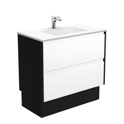 Fienza Amato Satin White 900 Cabinet on Kickboard, Solid Panels, Bevelled Edge , With Moulded Basin-Top - Vanessa Poly-Marble Satin Black Panels