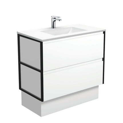 Fienza Amato Satin White 900 Cabinet on Kickboard, Solid Panels, Bevelled Edge , With Moulded Basin-Top - Vanessa Poly-Marble Matte Black Frames