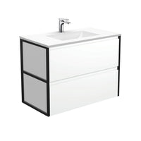 Fienza Amato Satin White 900 Wall Hung Cabinet, 2 Solid Drawers, Bevelled Edge , With Moulded Basin-Top - Vanessa Poly-Marble Matte Black Frames