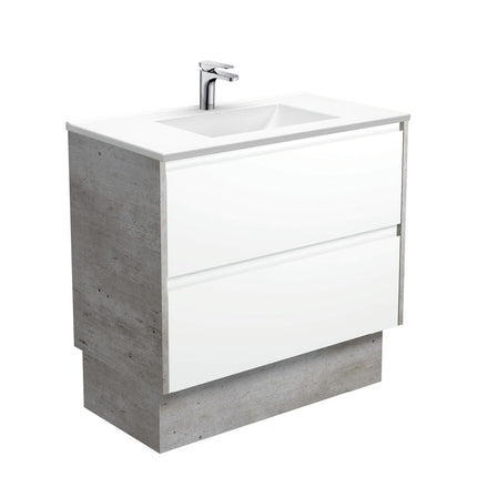 Fienza Amato Satin White 900 Cabinet on Kickboard, Solid Panels, Bevelled Edge , With Moulded Basin-Top - Vanessa Poly-Marble Industrial Panels