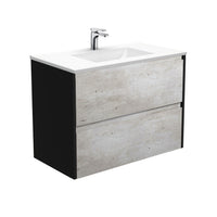 Fienza Amato Industrial 900 Wall Hung Cabinet, 2 Solid Drawers, Bevelled Edge , With Moulded Basin-Top - Vanessa Poly-Marble Satin Black Panels