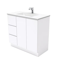 Fienza Fingerpull Gloss White 900 Cabinet on Kickboard , With Moulded Basin-Top - Vanessa Poly-Marble Left Hand Drawer