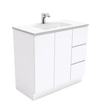 Fienza Fingerpull Gloss White 900 Cabinet on Kickboard , With Moulded Basin-Top - Vanessa Poly-Marble Right Hand Drawer