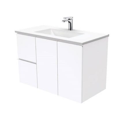 Fienza Fingerpull Gloss White 900 Wall Hung Cabinet, 2 Solid Drawers, Bevelled Edge , With Moulded Basin-Top - Vanessa Poly-Marble Left Hand Drawer