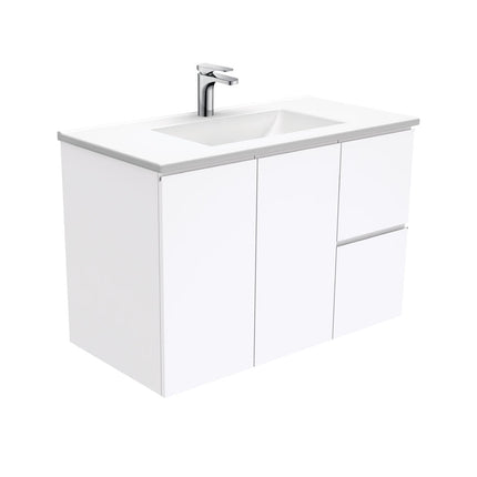 Fienza Fingerpull Gloss White 900 Wall Hung Cabinet, 2 Solid Drawers, Bevelled Edge , With Moulded Basin-Top - Vanessa Poly-Marble Right Hand Drawer