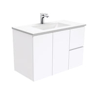 Fienza Fingerpull Gloss White 900 Wall Hung Cabinet, 2 Solid Drawers, Bevelled Edge , With Moulded Basin-Top - Vanessa Poly-Marble Right Hand Drawer