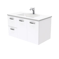 Fienza UniCab Gloss White 900 Wall Hung Cabinet, Solid Doors , With Moulded Basin-Top - Vanessa Poly-Marble Left Hand Drawer
