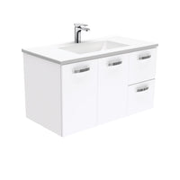 Fienza UniCab Gloss White 900 Wall Hung Cabinet, Solid Doors , With Moulded Basin-Top - Vanessa Poly-Marble Right Hand Drawer