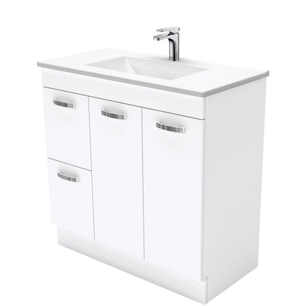 Fienza UniCab Gloss White 900 Cabinet on Kickboard, Solid Doors , With Moulded Basin-Top - Vanessa Poly-Marble Left Hand Drawer