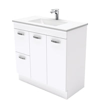 Fienza UniCab Gloss White 900 Cabinet on Kickboard, Solid Doors , With Moulded Basin-Top - Vanessa Poly-Marble Left Hand Drawer