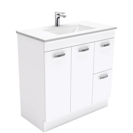 Fienza UniCab Gloss White 900 Cabinet on Kickboard, Solid Doors , With Moulded Basin-Top - Vanessa Poly-Marble Right Hand Drawer
