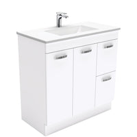 Fienza UniCab Gloss White 900 Cabinet on Kickboard, Solid Doors , With Moulded Basin-Top - Vanessa Poly-Marble Right Hand Drawer