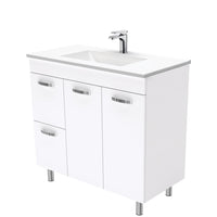 Fienza UniCab 900 Gloss White Cabinet on Legs, Left Hand Drawers, Solid Doors , With Moulded Basin-Top - Vanessa Poly-Marble