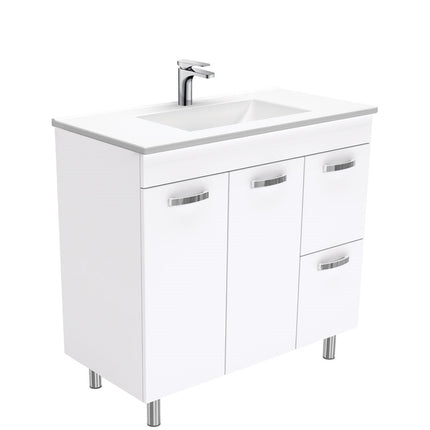 Fienza UniCab 900 Gloss White Cabinet on Legs, Right Hand Drawers, Solid Doors , With Moulded Basin-Top - Vanessa Poly-Marble