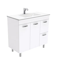 Fienza UniCab 900 Gloss White Cabinet on Legs, Right Hand Drawers, Solid Doors , With Moulded Basin-Top - Vanessa Poly-Marble