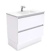 Fienza Quest Gloss White 900 Cabinet on Kickboard, 2 Drawers , With Moulded Basin-Top - Vanessa Poly-Marble