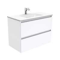 Fienza Quest Gloss White 900 Wall Hung Cabinet, 2 Solid Drawers , With Moulded Basin-Top - Vanessa Poly-Marble