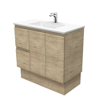 Fienza Edge Scandi Oak 900 Cabinet on Kickboard, Bevelled Edge , With Moulded Basin-Top - Vanessa Poly-Marble Left Hand Drawer