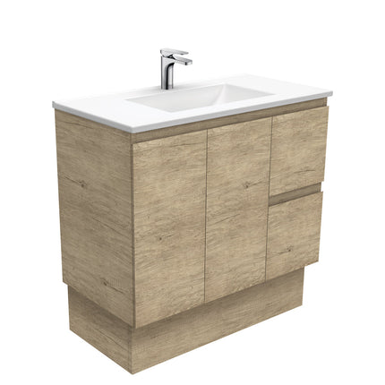 Fienza Edge Scandi Oak 900 Cabinet on Kickboard, Bevelled Edge , With Moulded Basin-Top - Vanessa Poly-Marble Right Hand Drawer