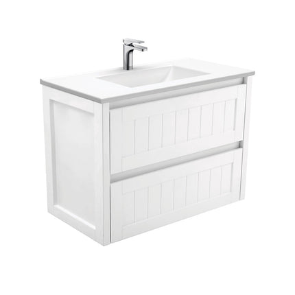 Fienza Hampton Satin White 900 Wall Hung Cabinet, 2 Solid Drawers , With Moulded Basin-Top - Vanessa Poly-Marble