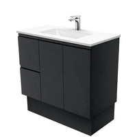Fienza Fingerpull Satin Black 900 Cabinet on Kickboard, Solid Doors , With Moulded Basin-Top - Vanessa Poly-Marble Left Hand Drawer