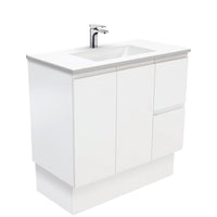 Fienza Fingerpull Satin White 900 Cabinet on Kickboard, Solid Doors , With Moulded Basin-Top - Vanessa Poly-Marble Right Hand Drawer