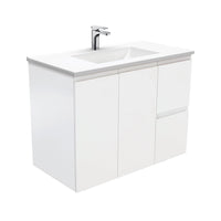 Fienza Fingerpull Satin White 900 Wall Hung Cabinet, Solid Doors , With Moulded Basin-Top - Vanessa Poly-Marble Right Hand Drawer