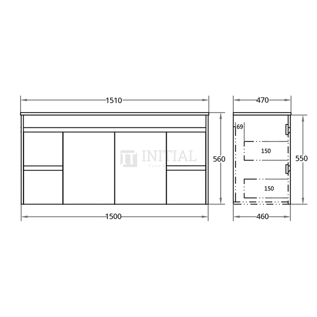 Gloss White PVC Wall Hung Vanity with 2 Doors and 4 Drawers Double Bowls 1490W X 500H X 455D ,